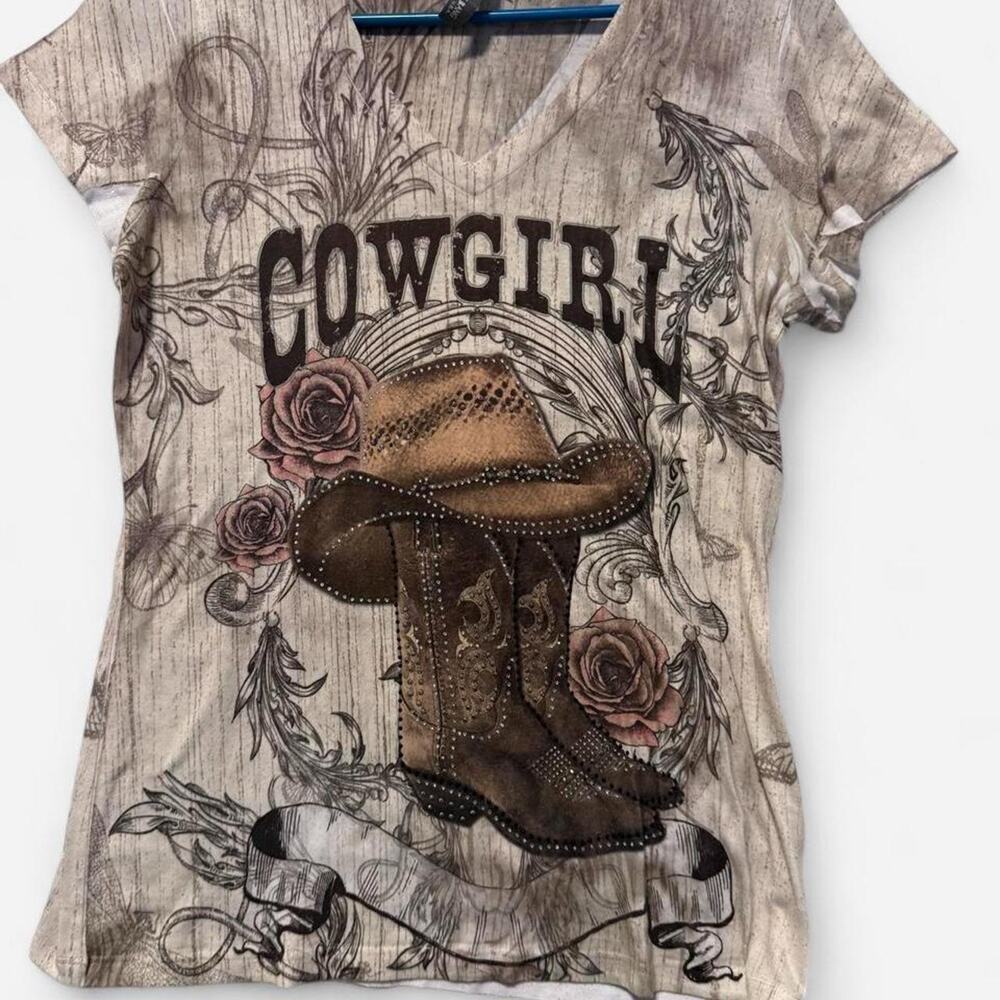Big Bang Cowgirl Rhinestone Boot Tee Medium Y2K Western
